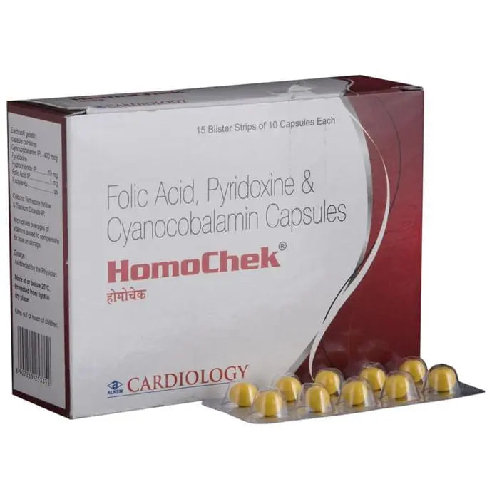 Homochek Capsule with Folic Acid, Pyridoxine & Cyanocobalamin - Classic Derma 